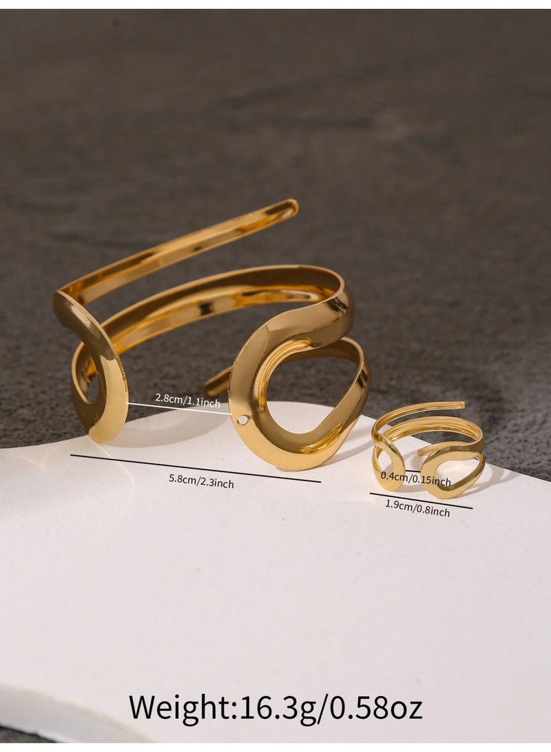 Shein Luxury Women's 2 Piece Gold Geometric Design Jewelry Set, Including Cuff Bracelet and Ring, Suitable for Daily Use and Special Occasions, Perfect Valentine's Day Gift. - Image 5